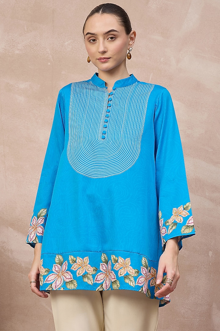 Sky Blue Cotton Satin Embellished & Printed Short Kurta by First Resort by Ramola Bachchan at Pernia's Pop Up Shop