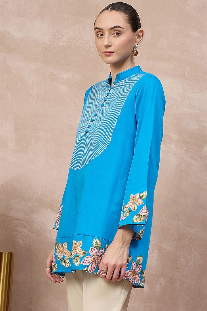 Sky Blue Cotton Satin Embellished & Printed Short Kurta by First Resort by Ramola Bachchan at Pernia's Pop Up Shop