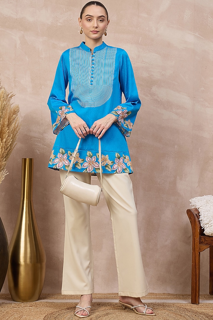 Sky Blue Cotton Satin Embellished & Printed Short Kurta by First Resort by Ramola Bachchan at Pernia's Pop Up Shop
