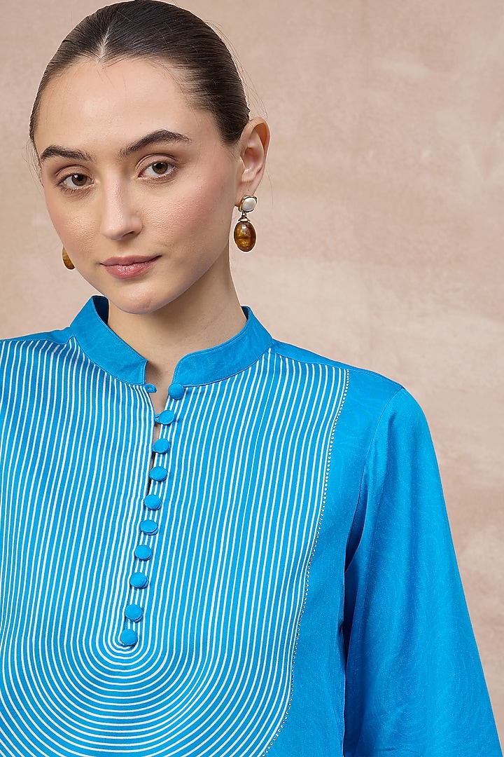 Sky Blue Cotton Satin Embellished & Printed Short Kurta by First Resort by Ramola Bachchan at Pernia's Pop Up Shop