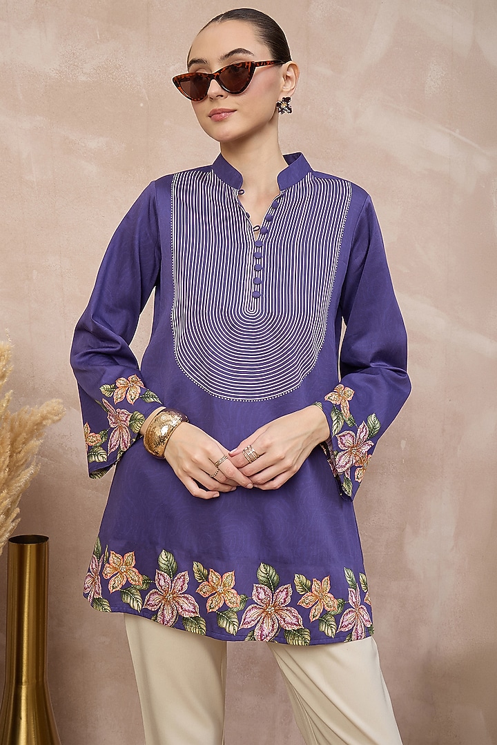 Purple Cotton Satin Embellished & Printed Short Kurta by First Resort by Ramola Bachchan at Pernia's Pop Up Shop