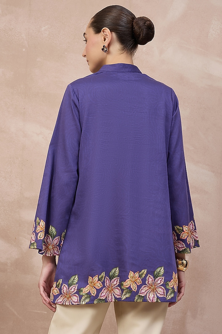 Purple Cotton Satin Embellished & Printed Short Kurta by First Resort by Ramola Bachchan at Pernia's Pop Up Shop