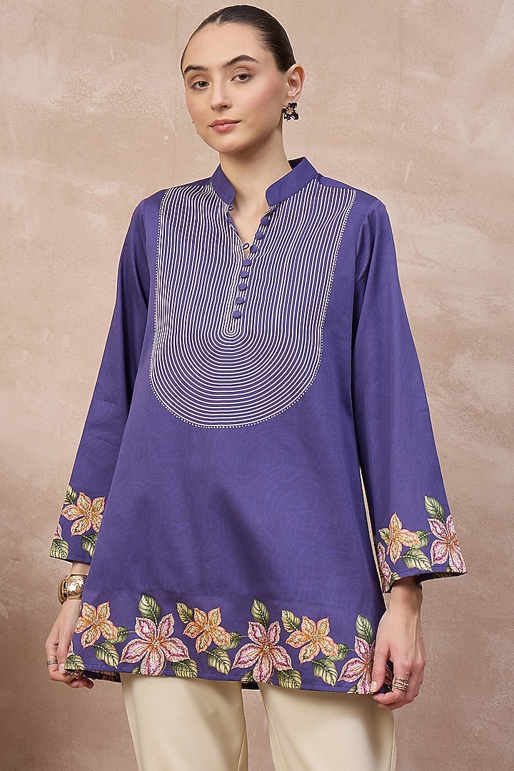 Purple Cotton Satin Embellished & Printed Short Kurta by First Resort by Ramola Bachchan at Pernia's Pop Up Shop