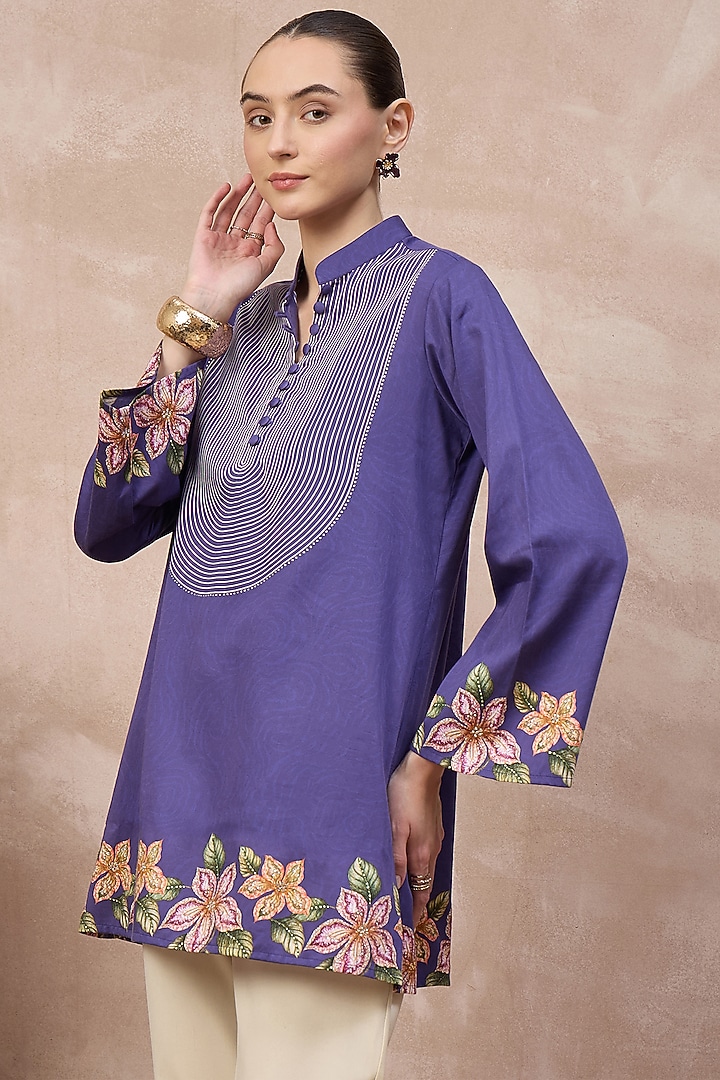 Purple Cotton Satin Embellished & Printed Short Kurta by First Resort by Ramola Bachchan at Pernia's Pop Up Shop