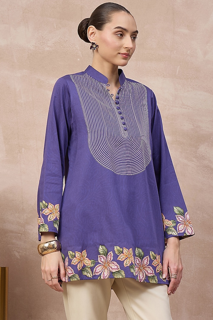 Purple Cotton Satin Embellished & Printed Short Kurta by First Resort by Ramola Bachchan at Pernia's Pop Up Shop