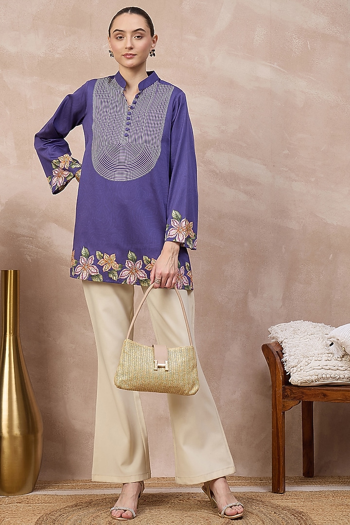 Purple Cotton Satin Embellished & Printed Short Kurta by First Resort by Ramola Bachchan at Pernia's Pop Up Shop