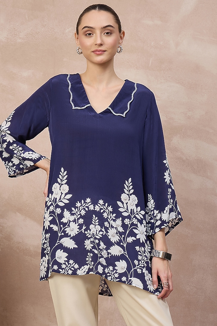 Navy Blue Viscose Crepe Aari Embroidered Top by First Resort by Ramola Bachchan at Pernia's Pop Up Shop