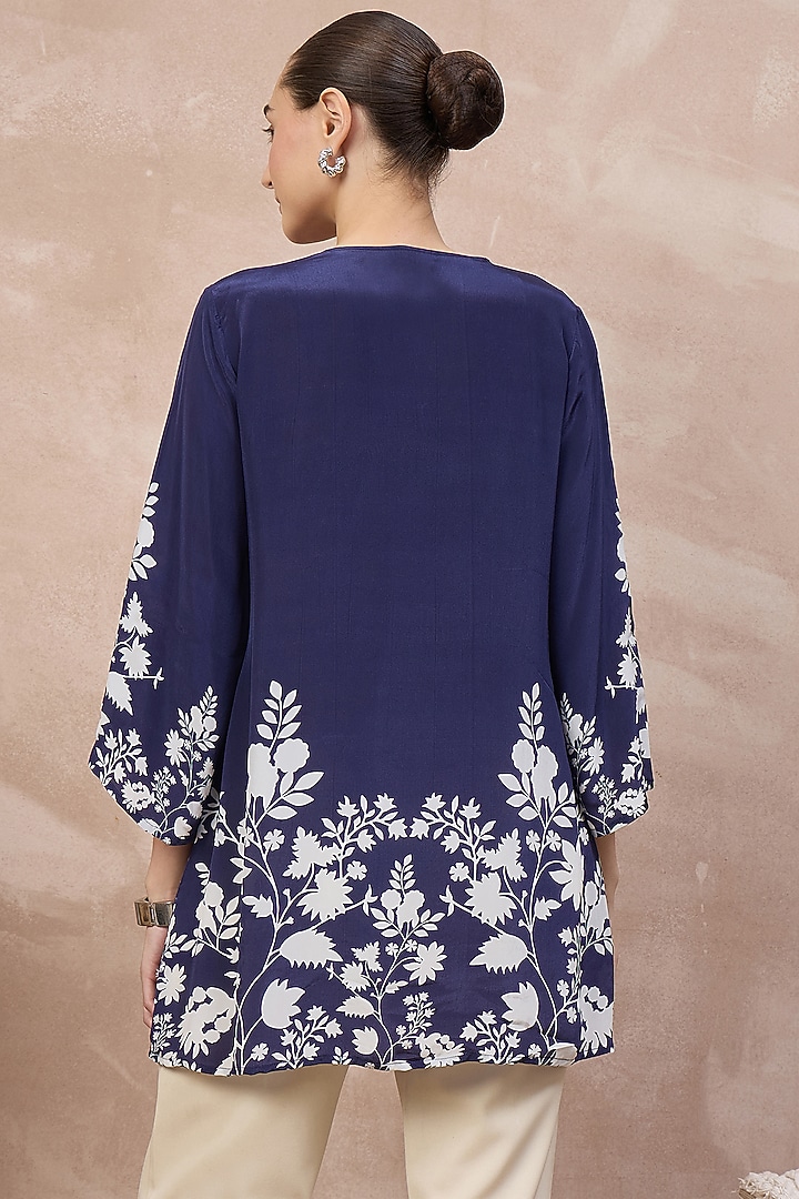 Navy Blue Viscose Crepe Aari Embroidered Top by First Resort by Ramola Bachchan at Pernia's Pop Up Shop