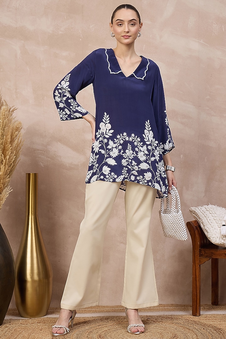 Navy Blue Viscose Crepe Aari Embroidered Top by First Resort by Ramola Bachchan at Pernia's Pop Up Shop