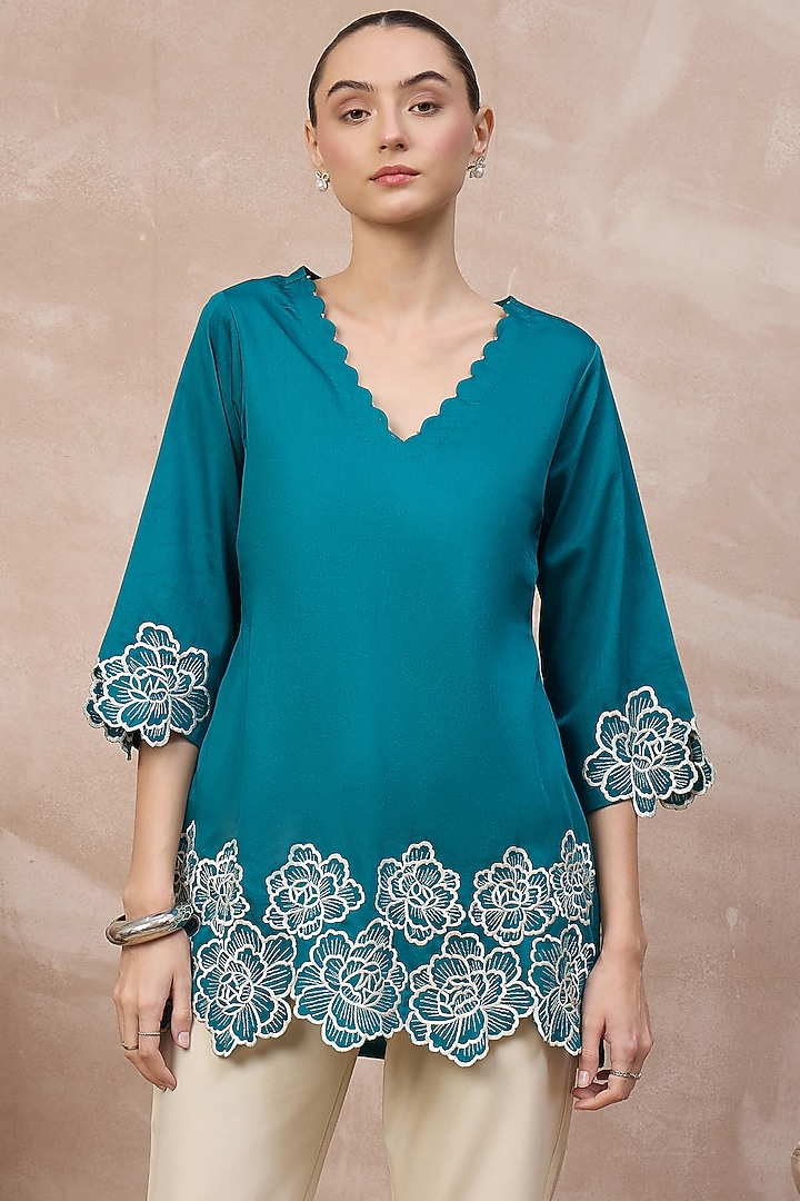 Teal Cotton Satin Cutwork Embroidered Top by First Resort by Ramola Bachchan at Pernia's Pop Up Shop