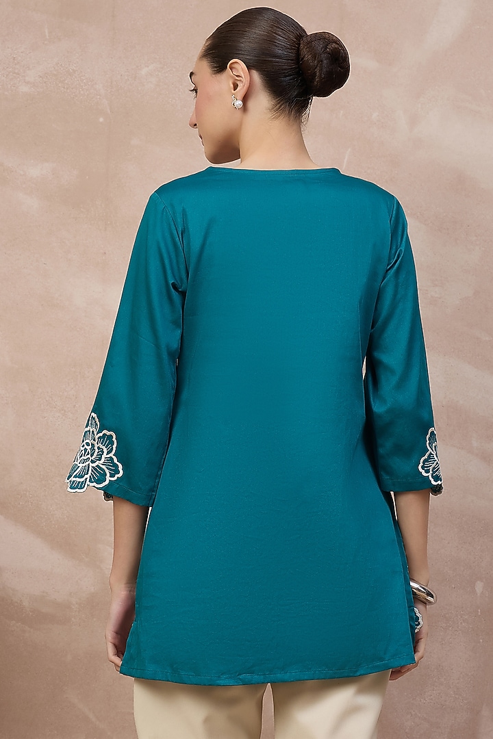 Teal Cotton Satin Cutwork Embroidered Top by First Resort by Ramola Bachchan at Pernia's Pop Up Shop