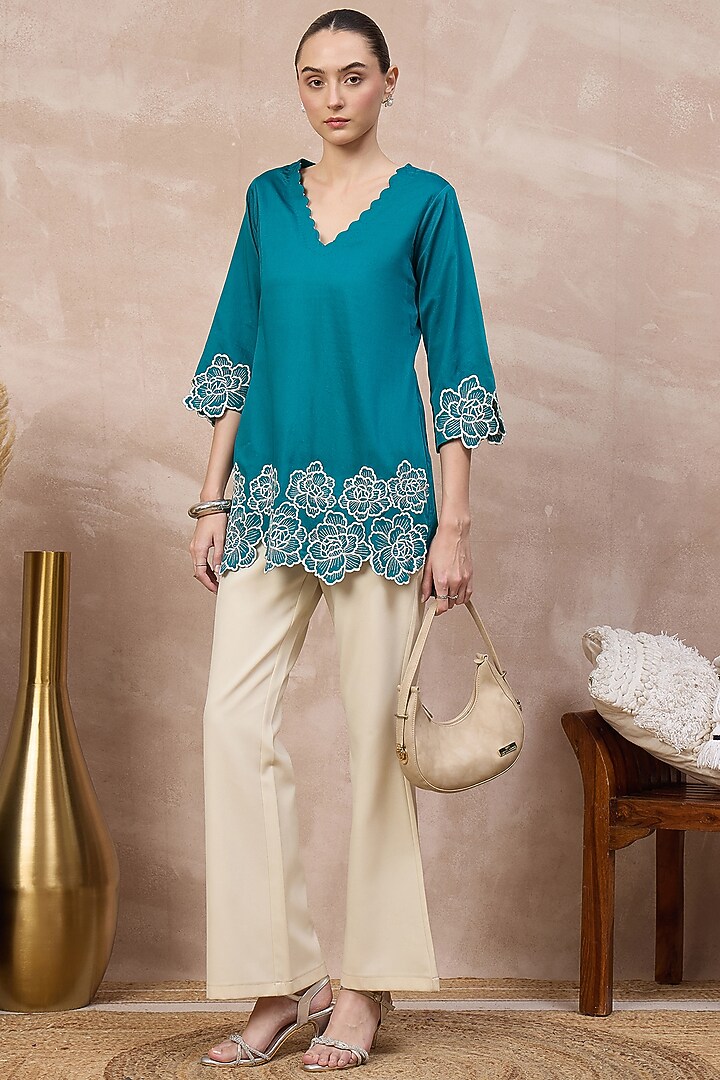 Teal Cotton Satin Cutwork Embroidered Top by First Resort by Ramola Bachchan at Pernia's Pop Up Shop