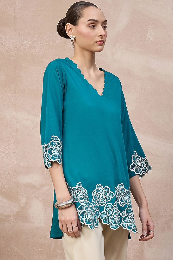 Teal Cotton Satin Cutwork Embroidered Top by First Resort by Ramola Bachchan at Pernia's Pop Up Shop