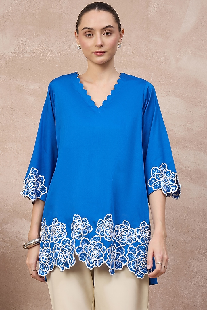 Blue Cotton Satin Cutwork Embroidered Top by First Resort by Ramola Bachchan at Pernia's Pop Up Shop