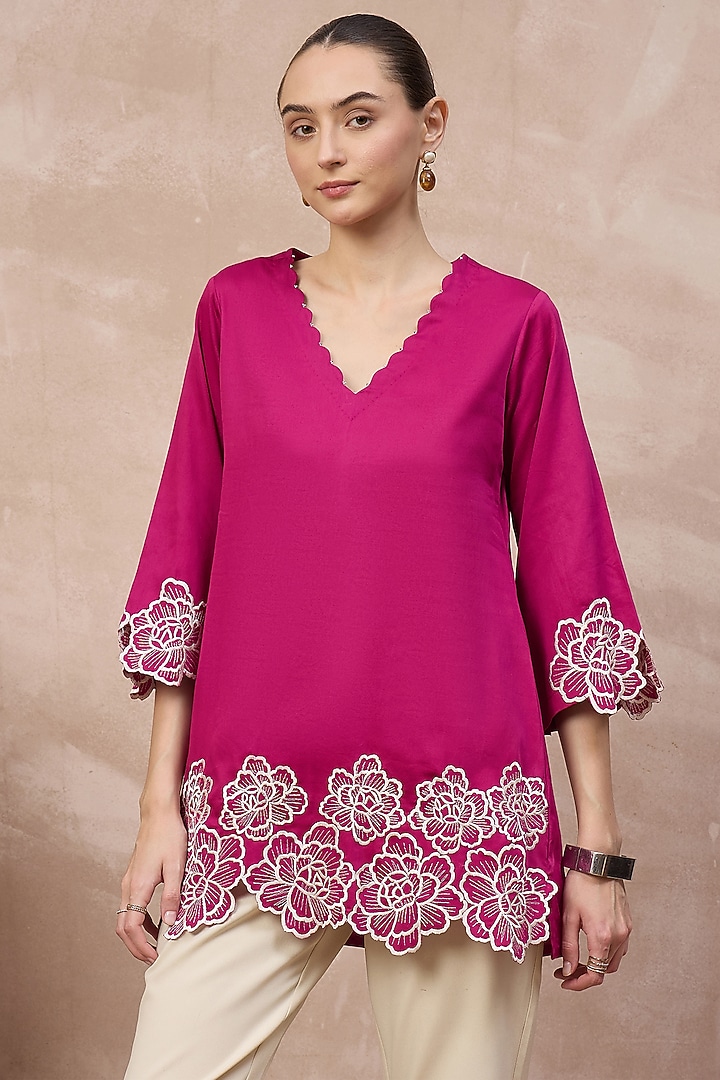 Pink Cotton Satin Cutwork Embroidered Top by First Resort by Ramola Bachchan at Pernia's Pop Up Shop