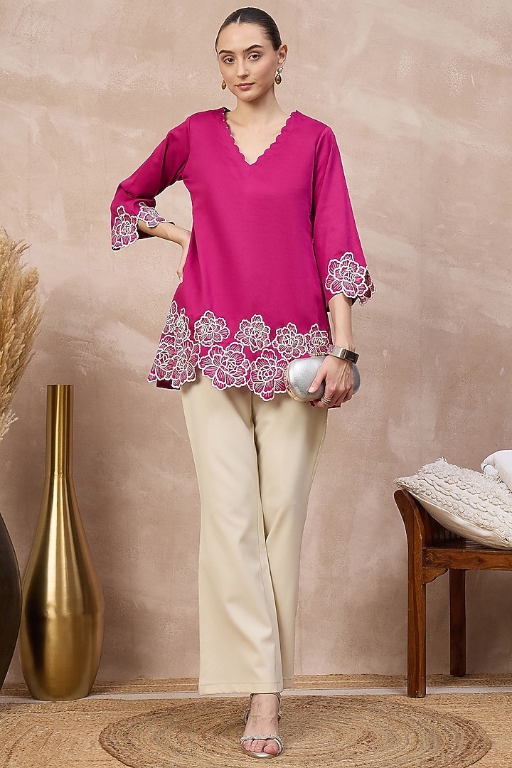 Pink Cotton Satin Cutwork Embroidered Top by First Resort by Ramola Bachchan at Pernia's Pop Up Shop