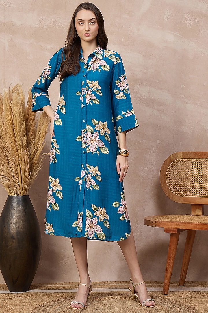 Sky Blue Bamberg Muslin Botanical Printed A-Line Summer Shirt Dress by First Resort by Ramola Bachchan at Pernia's Pop Up Shop
