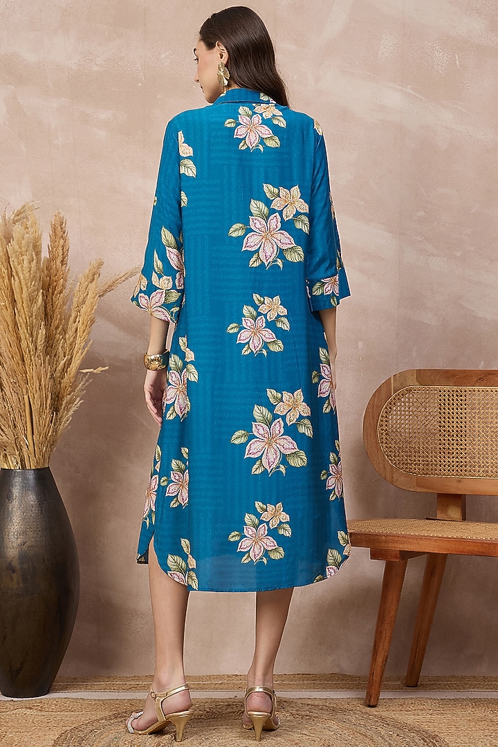 Sky Blue Bamberg Muslin Botanical Printed A-Line Summer Shirt Dress by First Resort by Ramola Bachchan at Pernia's Pop Up Shop