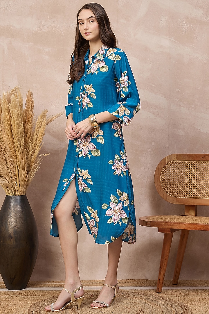Sky Blue Bamberg Muslin Botanical Printed A-Line Summer Shirt Dress by First Resort by Ramola Bachchan at Pernia's Pop Up Shop