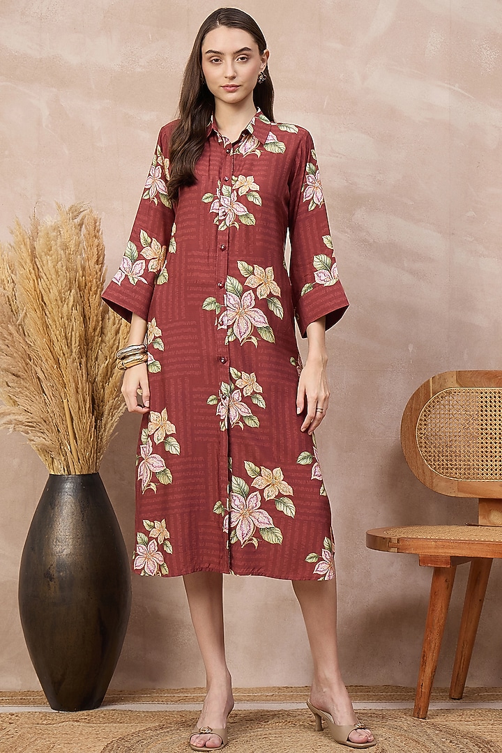 Brown Bamberg Muslin Botanical Printed A-Line Summer Shirt Dress by First Resort by Ramola Bachchan at Pernia's Pop Up Shop