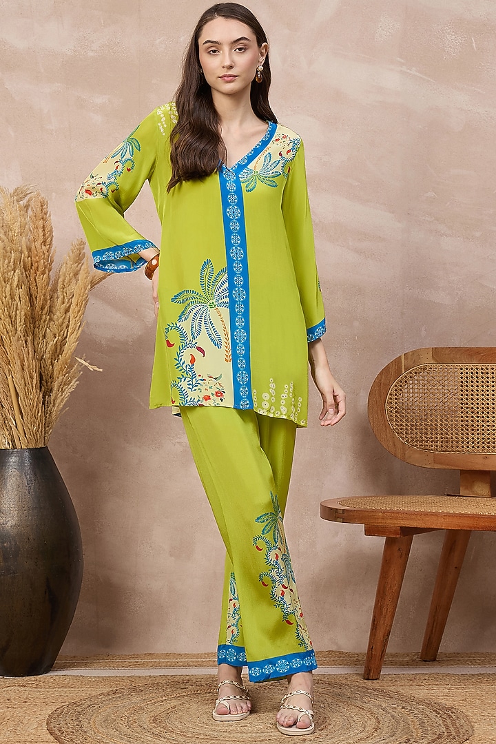 Lime Green Viscose Crepe Tropical Printed Co-ord Set by First Resort by Ramola Bachchan at Pernia's Pop Up Shop