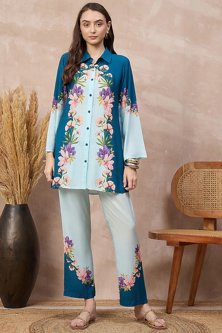 Blue Bamberg Muslin Printed Co-ord Set by First Resort by Ramola Bachchan at Pernia's Pop Up Shop