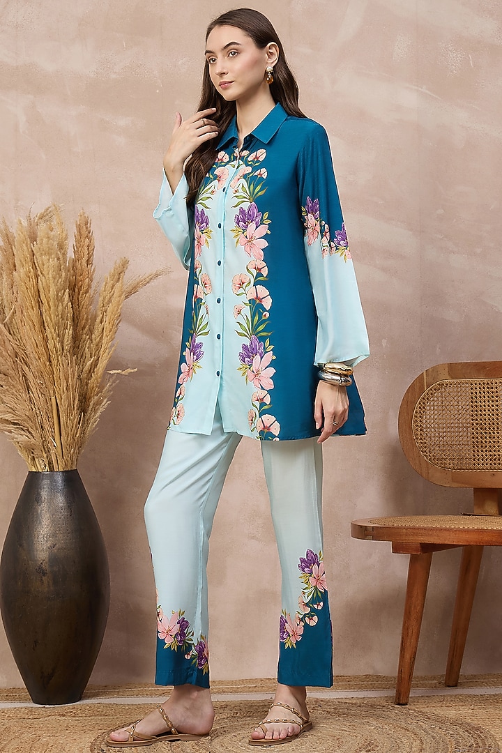 Blue Bamberg Muslin Printed Co-ord Set by First Resort by Ramola Bachchan at Pernia's Pop Up Shop