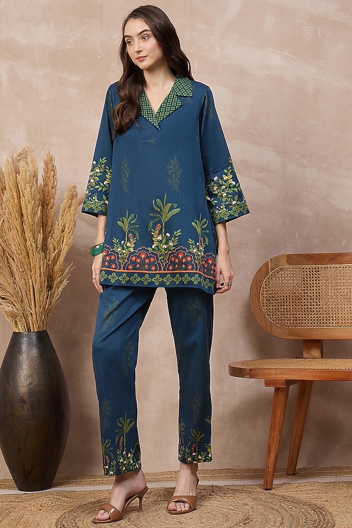 Blue Cotton Satin Tropical Printed Co-ord Set by First Resort by Ramola Bachchan at Pernia's Pop Up Shop