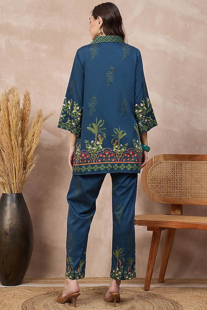 Blue Cotton Satin Tropical Printed Co-ord Set by First Resort by Ramola Bachchan at Pernia's Pop Up Shop