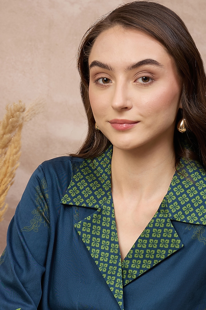 Blue Cotton Satin Tropical Printed Co-ord Set by First Resort by Ramola Bachchan at Pernia's Pop Up Shop