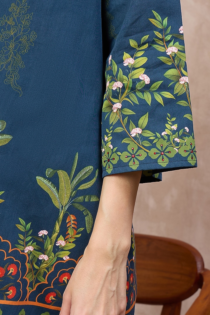 Blue Cotton Satin Tropical Printed Co-ord Set by First Resort by Ramola Bachchan at Pernia's Pop Up Shop