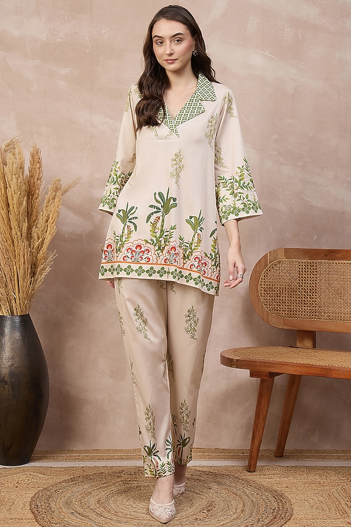 Cream Cotton Satin Tropical Printed Co-ord Set by First Resort by Ramola Bachchan at Pernia's Pop Up Shop