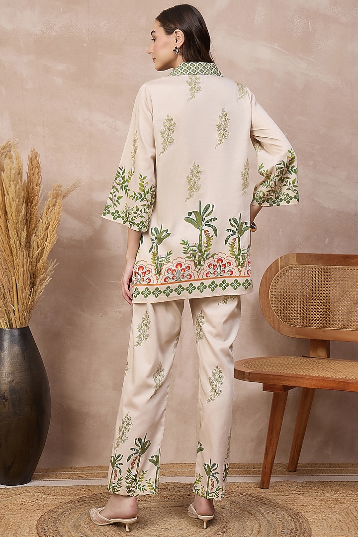 Cream Cotton Satin Tropical Printed Co-ord Set by First Resort by Ramola Bachchan at Pernia's Pop Up Shop