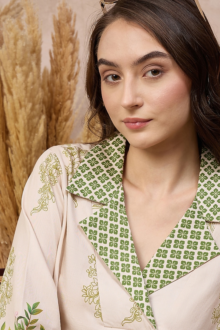 Cream Cotton Satin Tropical Printed Co-ord Set by First Resort by Ramola Bachchan at Pernia's Pop Up Shop
