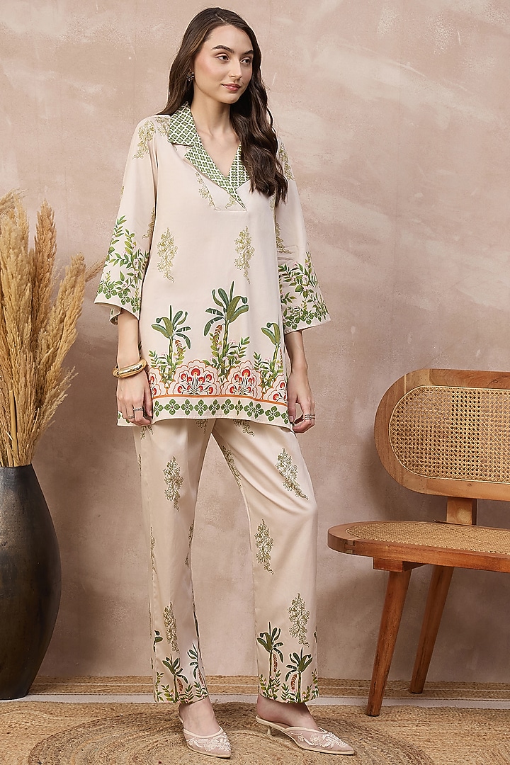 Cream Cotton Satin Tropical Printed Co-ord Set by First Resort by Ramola Bachchan at Pernia's Pop Up Shop