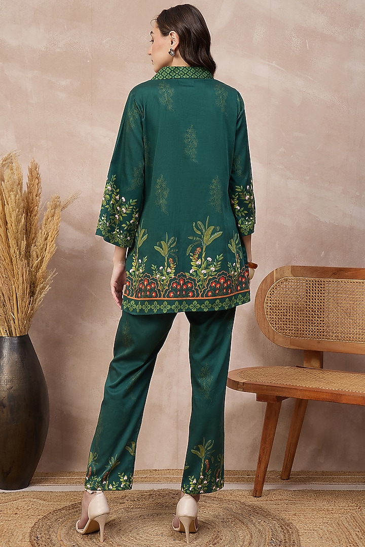 Green Cotton Satin Tropical Printed Co-ord Set by First Resort by Ramola Bachchan at Pernia's Pop Up Shop