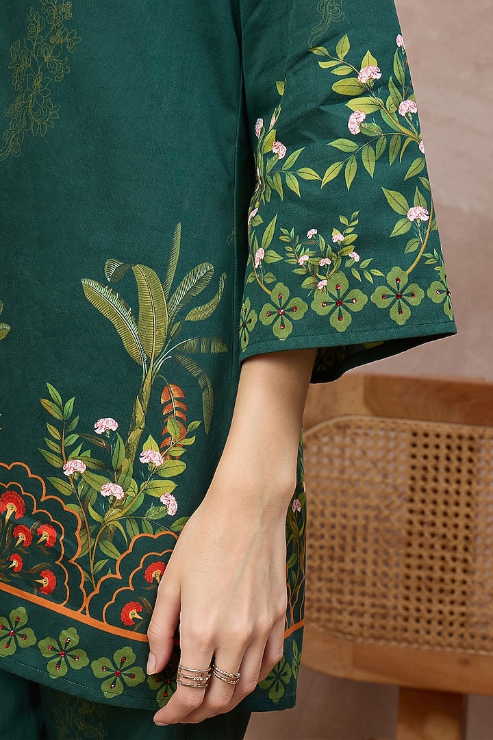 Green Cotton Satin Tropical Printed Co-ord Set by First Resort by Ramola Bachchan at Pernia's Pop Up Shop