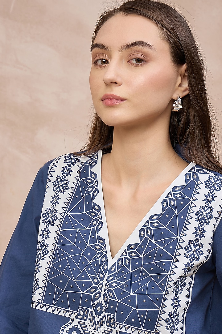 Blue & White Cotton Poplin Geometric Floral Printed Co-Ord Set by First Resort by Ramola Bachchan at Pernia's Pop Up Shop