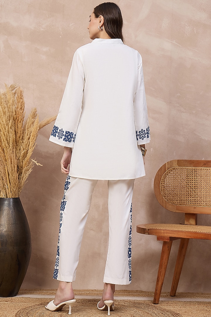 White & Blue Cotton Poplin Geometric Floral Printed Co-Ord Set by First Resort by Ramola Bachchan at Pernia's Pop Up Shop