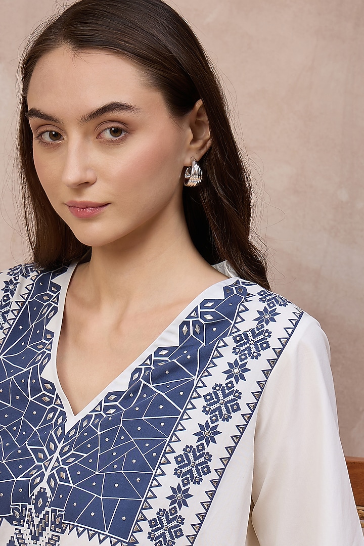 White & Blue Cotton Poplin Geometric Floral Printed Co-Ord Set by First Resort by Ramola Bachchan at Pernia's Pop Up Shop