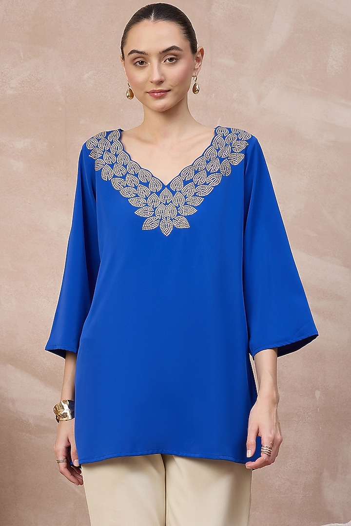 Blue Polyester Crepe Crystal Embellished Top by First Resort by Ramola Bachchan at Pernia's Pop Up Shop