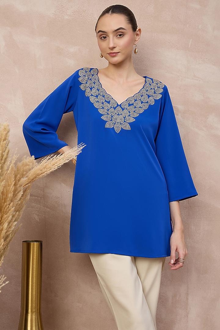 Blue Polyester Crepe Crystal Embellished Top by First Resort by Ramola Bachchan at Pernia's Pop Up Shop