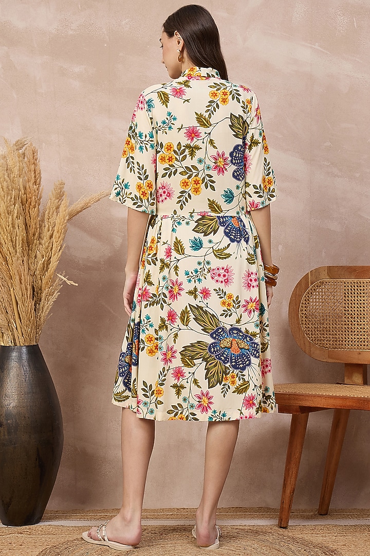 Cream Viscose Rayon Floral Printed Midi Summer Dress by First Resort by Ramola Bachchan at Pernia's Pop Up Shop
