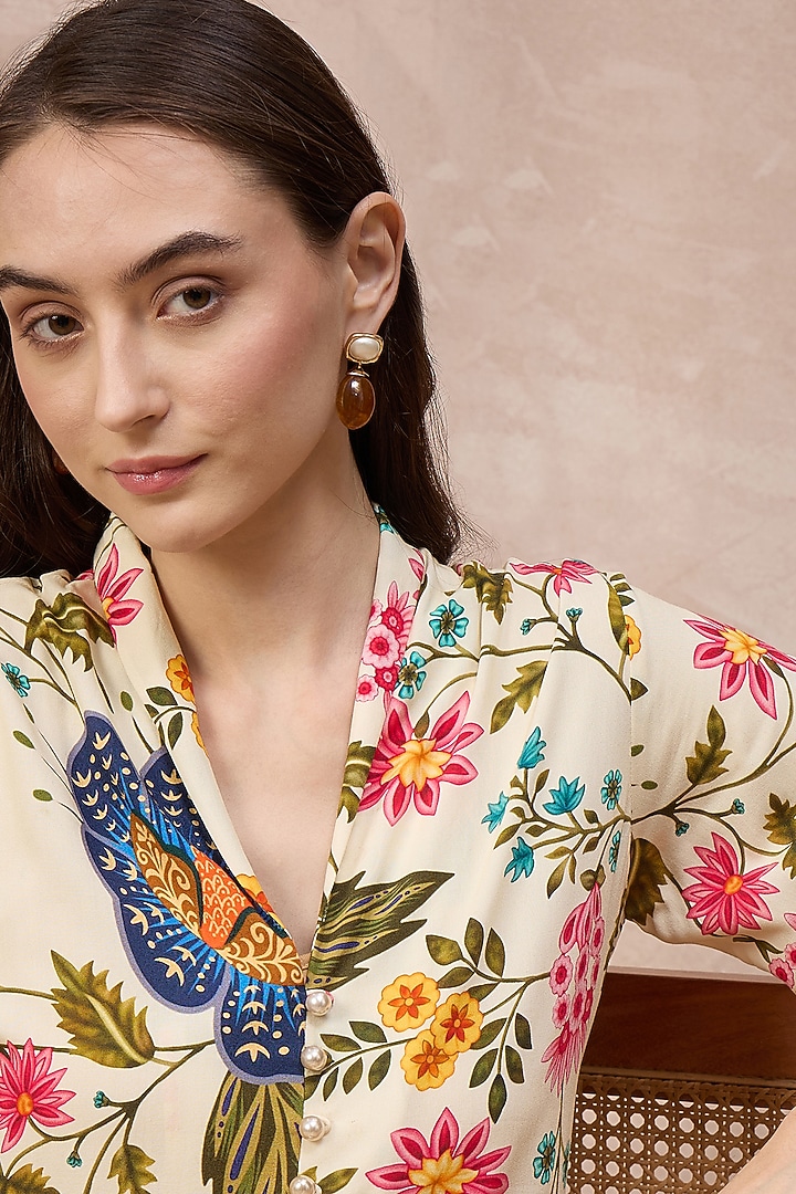 Cream Viscose Rayon Floral Printed Midi Summer Dress by First Resort by Ramola Bachchan at Pernia's Pop Up Shop