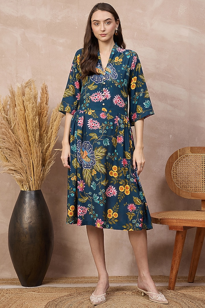 Navy Blue Viscose Rayon Floral Printed Midi Summer Dress by First Resort by Ramola Bachchan at Pernia's Pop Up Shop