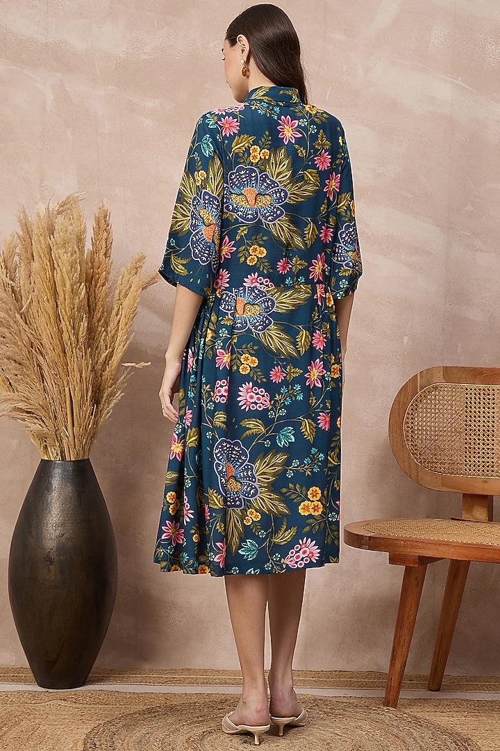 Navy Blue Viscose Rayon Floral Printed Midi Summer Dress by First Resort by Ramola Bachchan at Pernia's Pop Up Shop