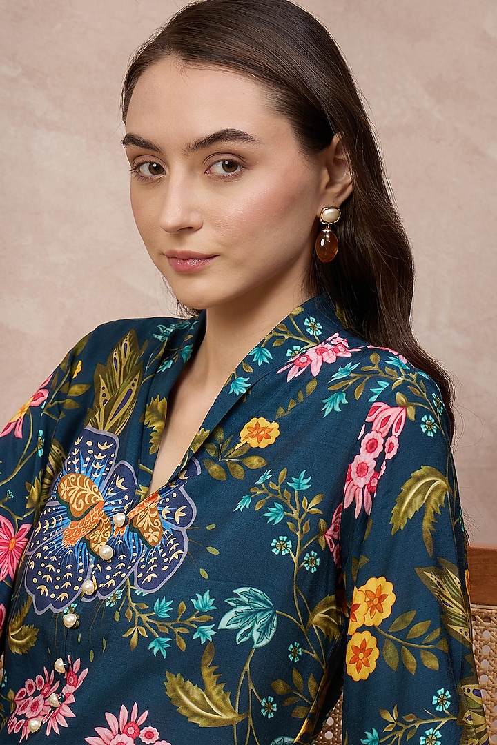 Navy Blue Viscose Rayon Floral Printed Midi Summer Dress by First Resort by Ramola Bachchan at Pernia's Pop Up Shop