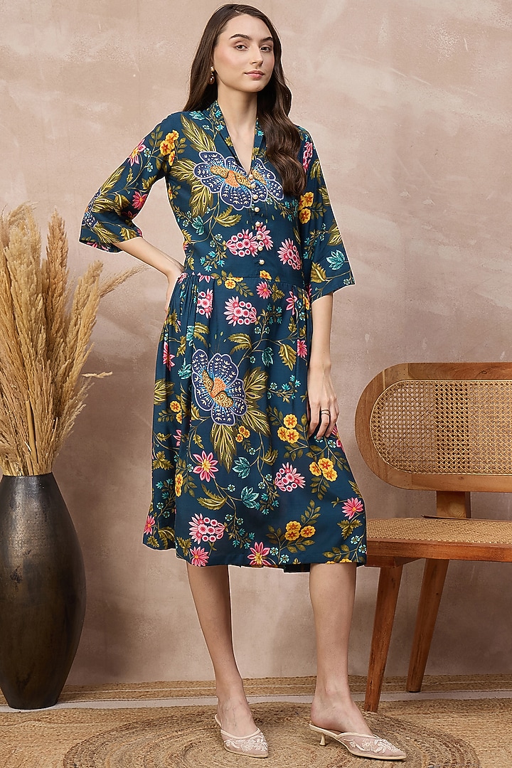 Navy Blue Viscose Rayon Floral Printed Midi Summer Dress by First Resort by Ramola Bachchan at Pernia's Pop Up Shop