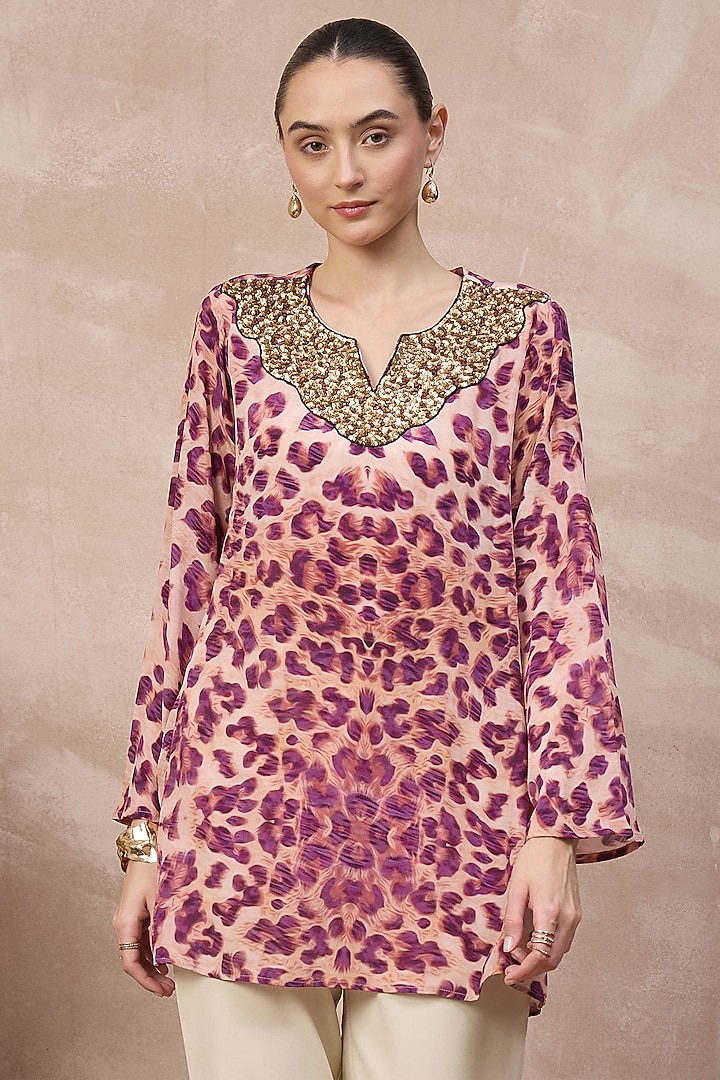 Pink Viscose Crepe Animal Printed Top by First Resort by Ramola Bachchan at Pernia's Pop Up Shop