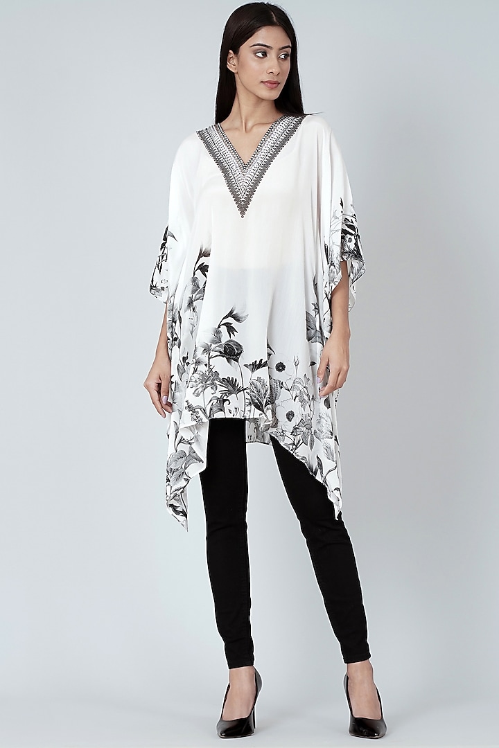 White Floral Printed Kaftan Top by First Resort by Ramola Bachchan